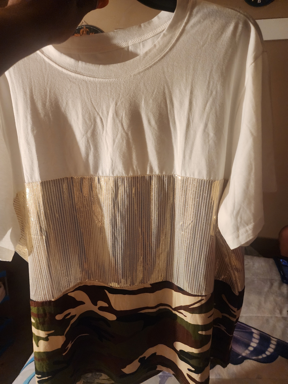 White Tee with Gold Mesh and Camo Panel